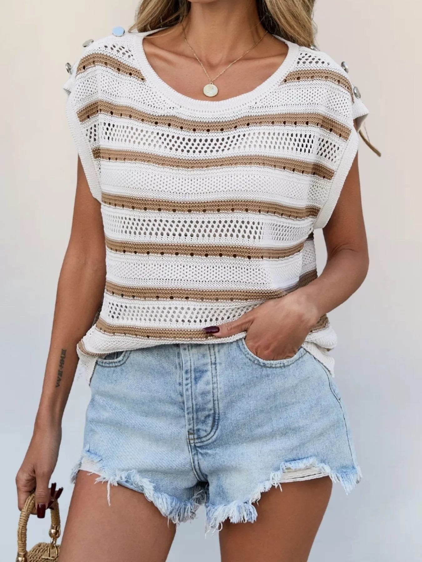 Openwork Round Neck Cap Sleeve Knit Top