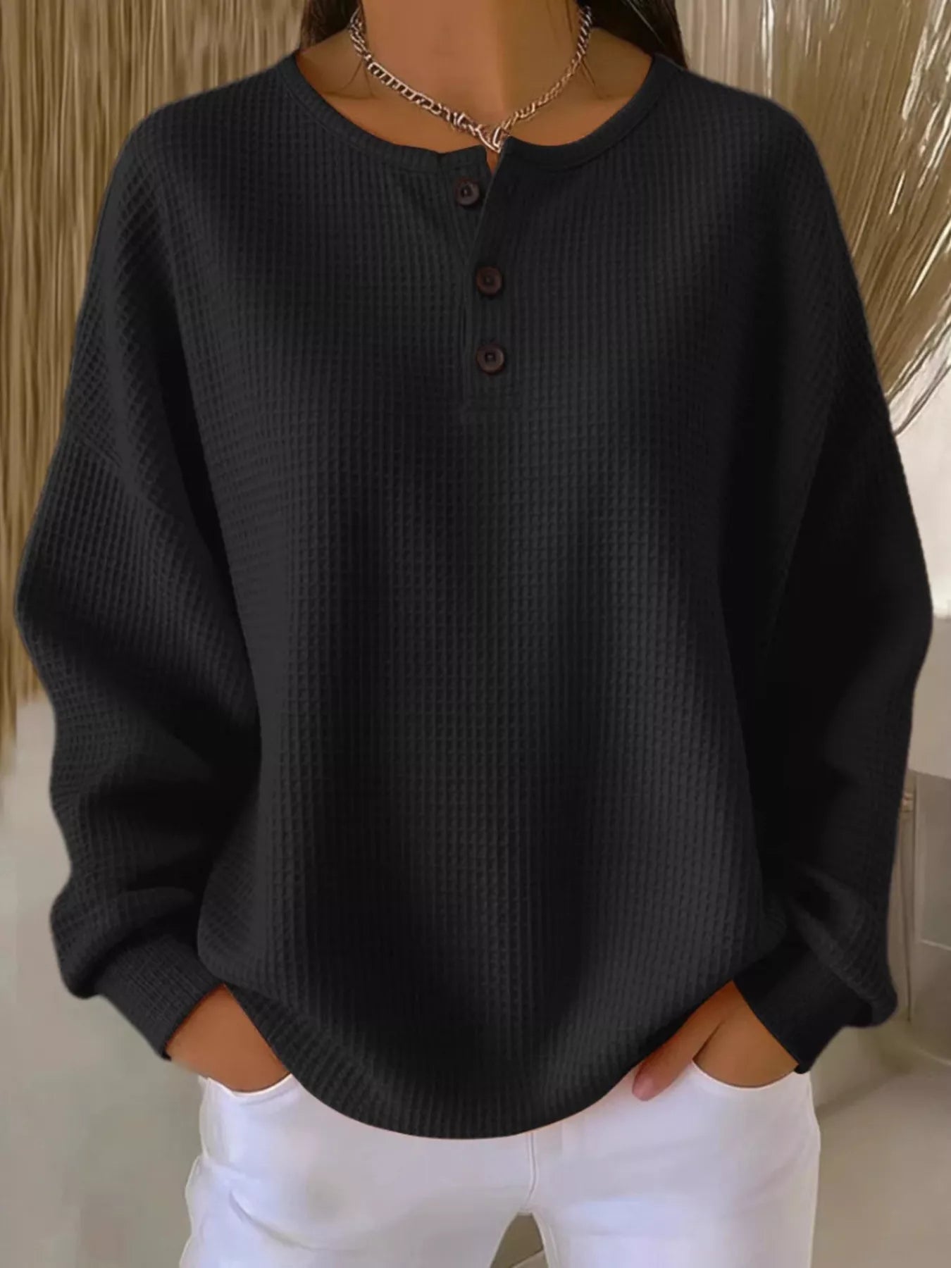 Full Size Waffle Knit Half Button T-Shirt